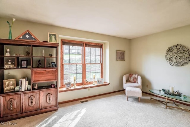 living area featuring light colored carpet