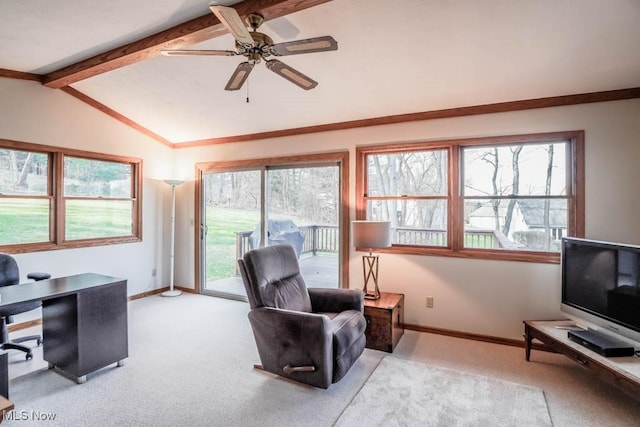 office area featuring lofted ceiling with beams, a wealth of natural light, light colored carpet, and ceiling fan