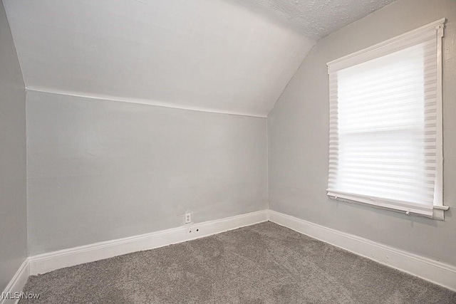 bonus room with lofted ceiling, a textured ceiling, and carpet flooring