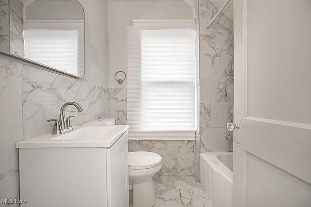 full bathroom featuring vanity, tile walls, shower / bathtub combination, and toilet