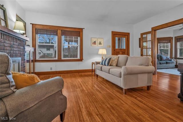 living room with a fireplace and wood-type flooring