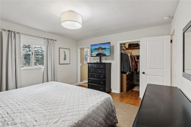 bedroom with wood-type flooring, a walk in closet, and a closet