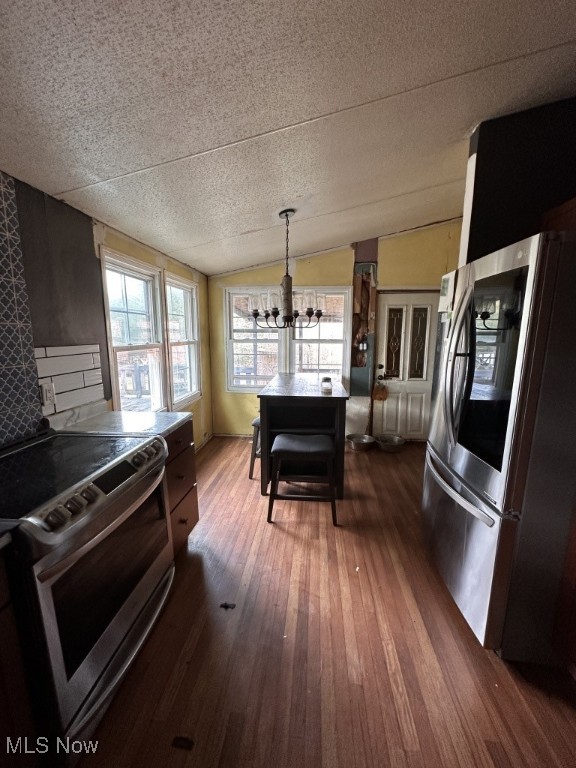 kitchen with lofted ceiling, an inviting chandelier, a textured ceiling, dark hardwood / wood-style floors, and stainless steel appliances