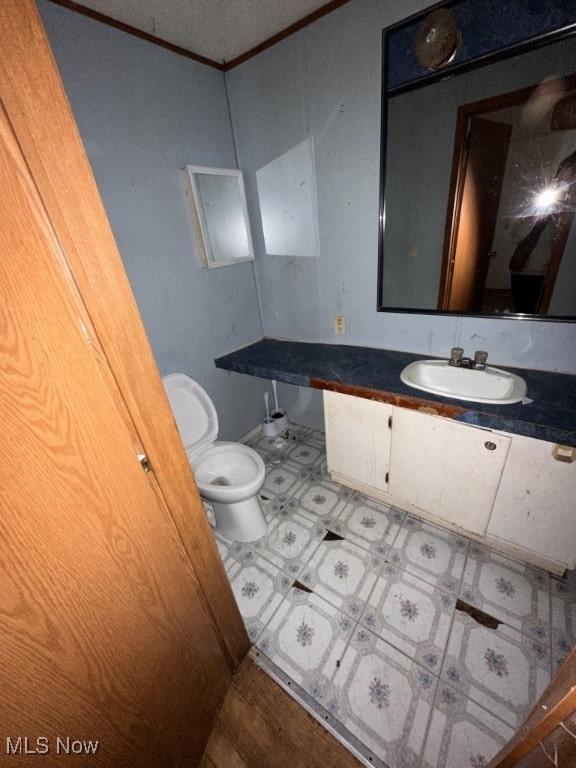 bathroom with ornamental molding, vanity, and toilet