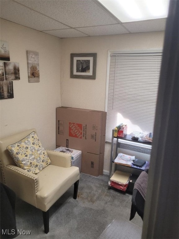 living area featuring a paneled ceiling and carpet flooring