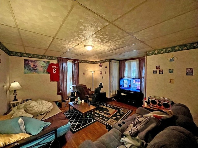 living room featuring a drop ceiling and wood-type flooring