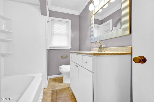 bathroom with tile patterned flooring, ornamental molding, vanity, toilet, and a bath