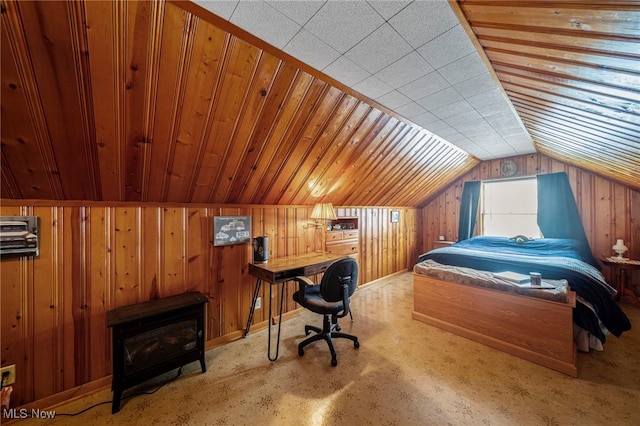 bedroom featuring wooden ceiling, lofted ceiling, and wood walls