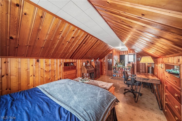 carpeted bedroom featuring wooden ceiling, vaulted ceiling, and wood walls