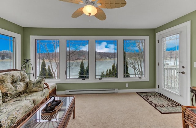 sunroom / solarium with a baseboard radiator and ceiling fan