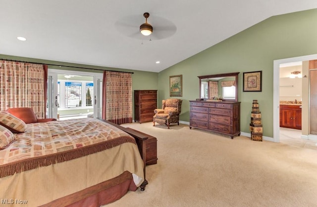 carpeted bedroom with lofted ceiling, access to outside, ceiling fan, and ensuite bath