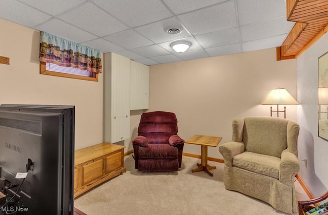 living area featuring carpet and a drop ceiling