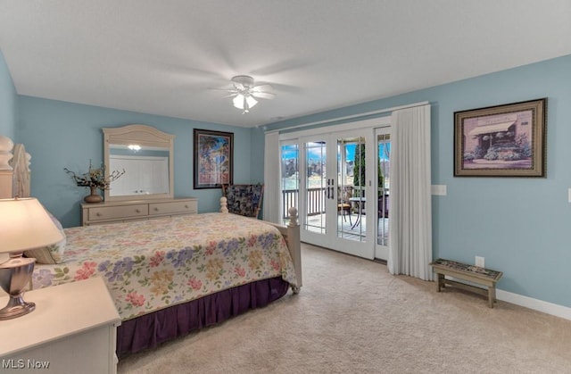 bedroom with light carpet, access to exterior, ceiling fan, and french doors