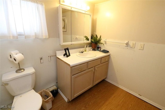 bathroom with wood-type flooring, tile walls, vanity, and toilet