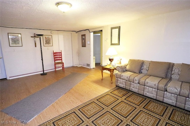 living room with wood-type flooring and a textured ceiling