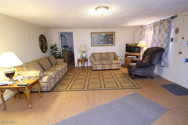 living room with hardwood / wood-style flooring and a textured ceiling