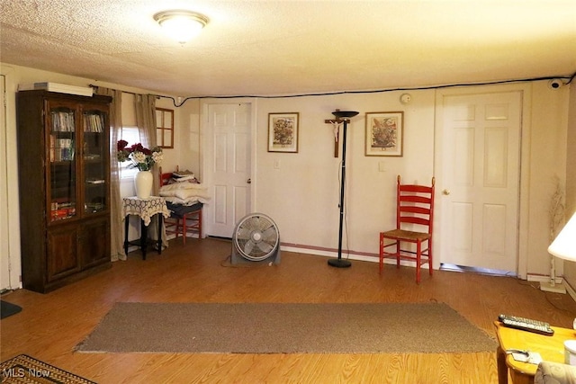 interior space with wood-type flooring and a textured ceiling