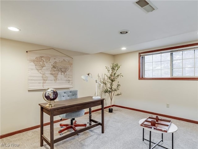 view of carpeted home office