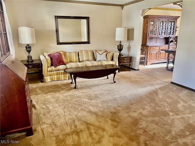 living room featuring crown molding and light colored carpet