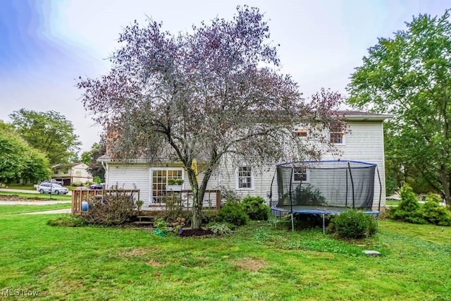 rear view of property with a deck, a trampoline, and a lawn