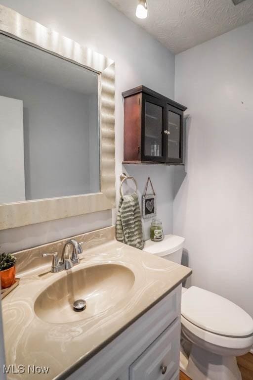 bathroom with vanity, toilet, and a textured ceiling