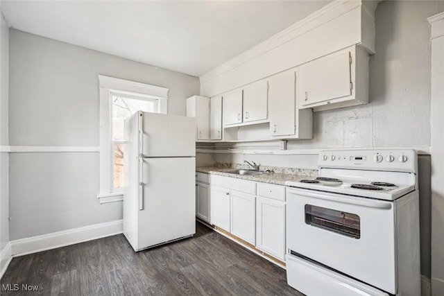 kitchen with white cabinetry, white appliances, dark wood-type flooring, and sink