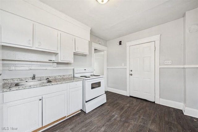 kitchen with white cabinetry, white electric range, dark wood-type flooring, and sink