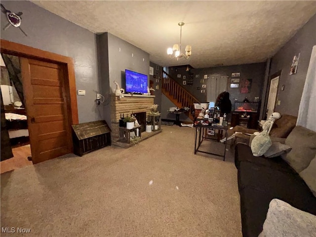 carpeted living room with a notable chandelier