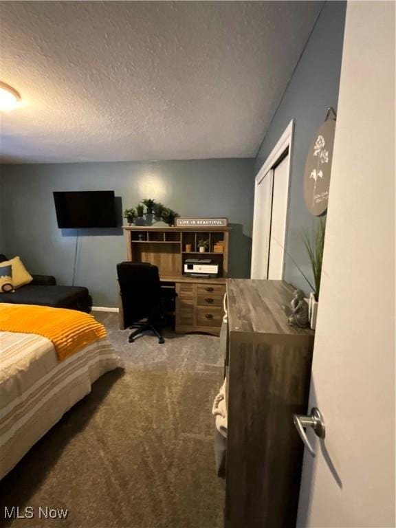 bedroom featuring a closet, carpet, and a textured ceiling