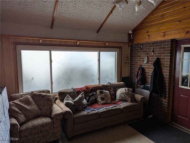 living room with lofted ceiling and wooden walls