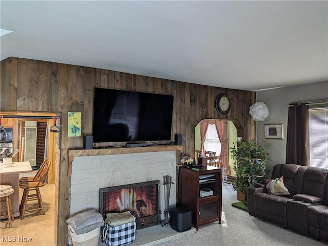 living room with wood walls