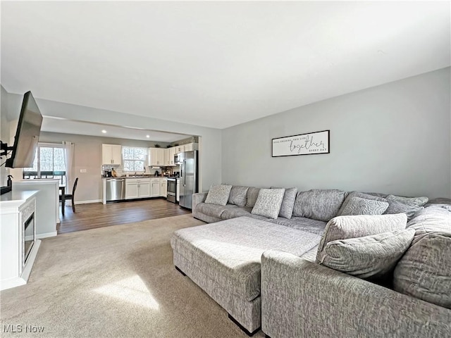 living room featuring carpet flooring and sink