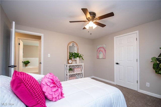 carpeted bedroom featuring ceiling fan