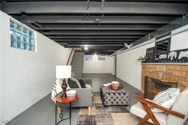 basement featuring a fireplace