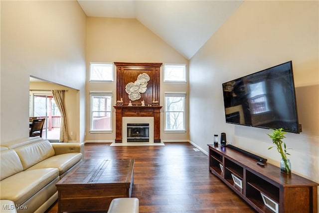 living room with dark hardwood / wood-style floors, a large fireplace, and high vaulted ceiling