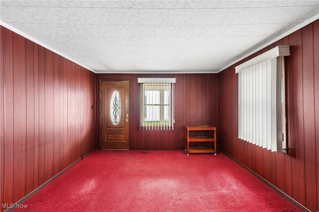 carpeted spare room with wooden walls