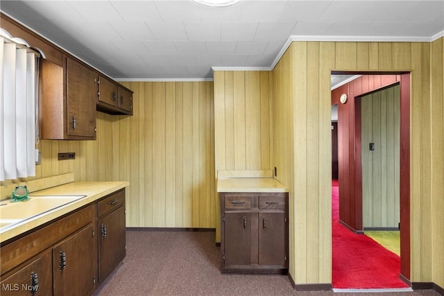 kitchen featuring sink, crown molding, wooden walls, and dark colored carpet