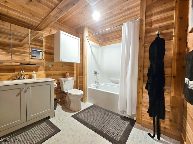 full bathroom with shower / tub combo with curtain, wood ceiling, wooden walls, vanity, and toilet