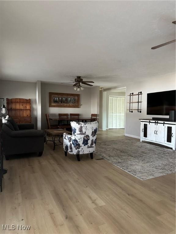 living room with light hardwood / wood-style flooring and ceiling fan