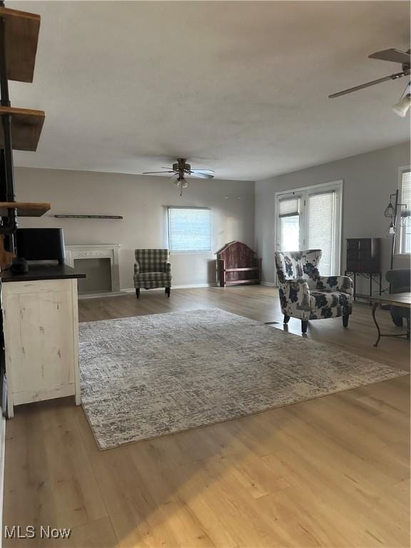 living room with hardwood / wood-style floors and ceiling fan