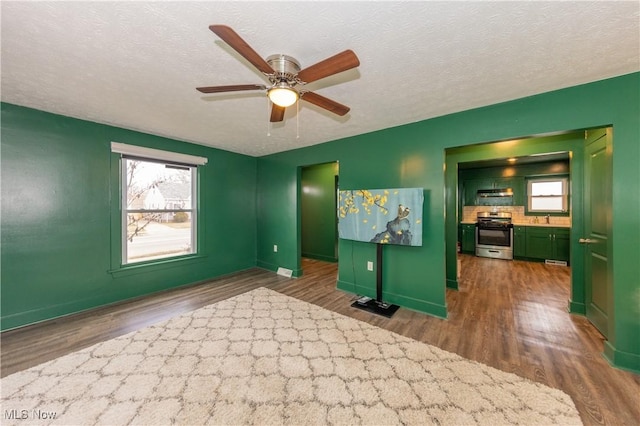 interior space with sink, dark wood-type flooring, plenty of natural light, and a textured ceiling