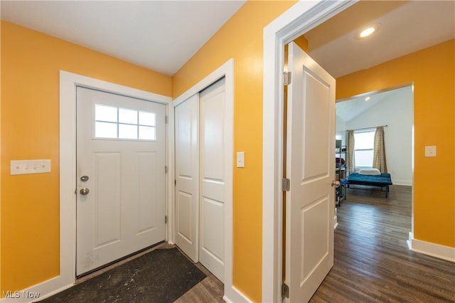 foyer featuring lofted ceiling and dark hardwood / wood-style flooring