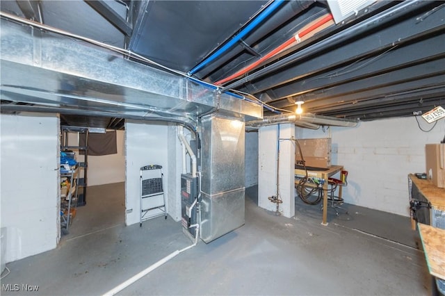 basement featuring heating unit