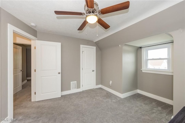 additional living space with vaulted ceiling, light colored carpet, and a textured ceiling