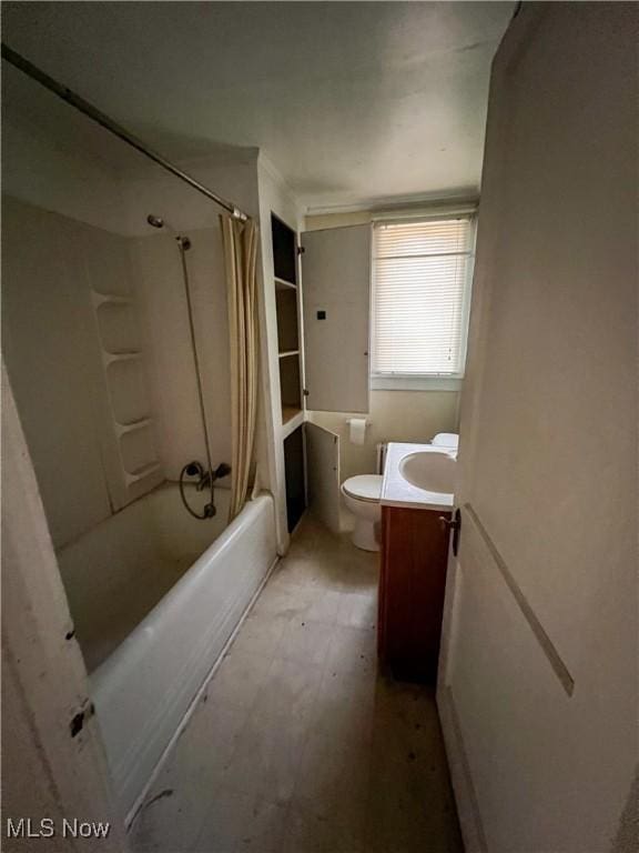 full bathroom with vanity, shower / bathtub combination with curtain, and toilet