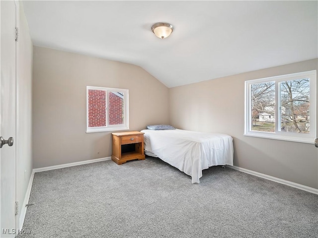 bedroom featuring carpet floors and vaulted ceiling