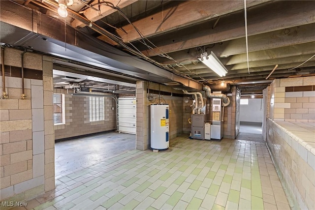 basement with heating unit and water heater