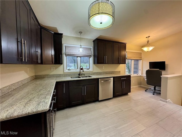 kitchen featuring hanging light fixtures, dark brown cabinets, sink, and stainless steel dishwasher