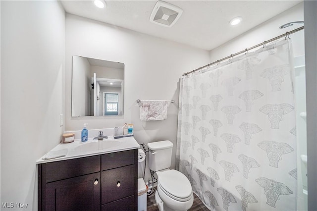 bathroom with vanity, toilet, and curtained shower