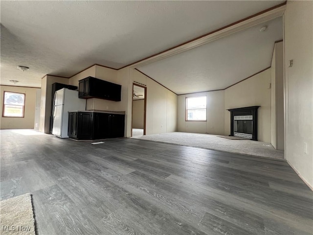 unfurnished living room with vaulted ceiling and dark hardwood / wood-style floors